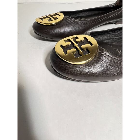 Tory Burch EUC Chocolate Brown Leather Reva Ballet Flats Gold Logo Shoes Size 6 - Picture 4 of 7